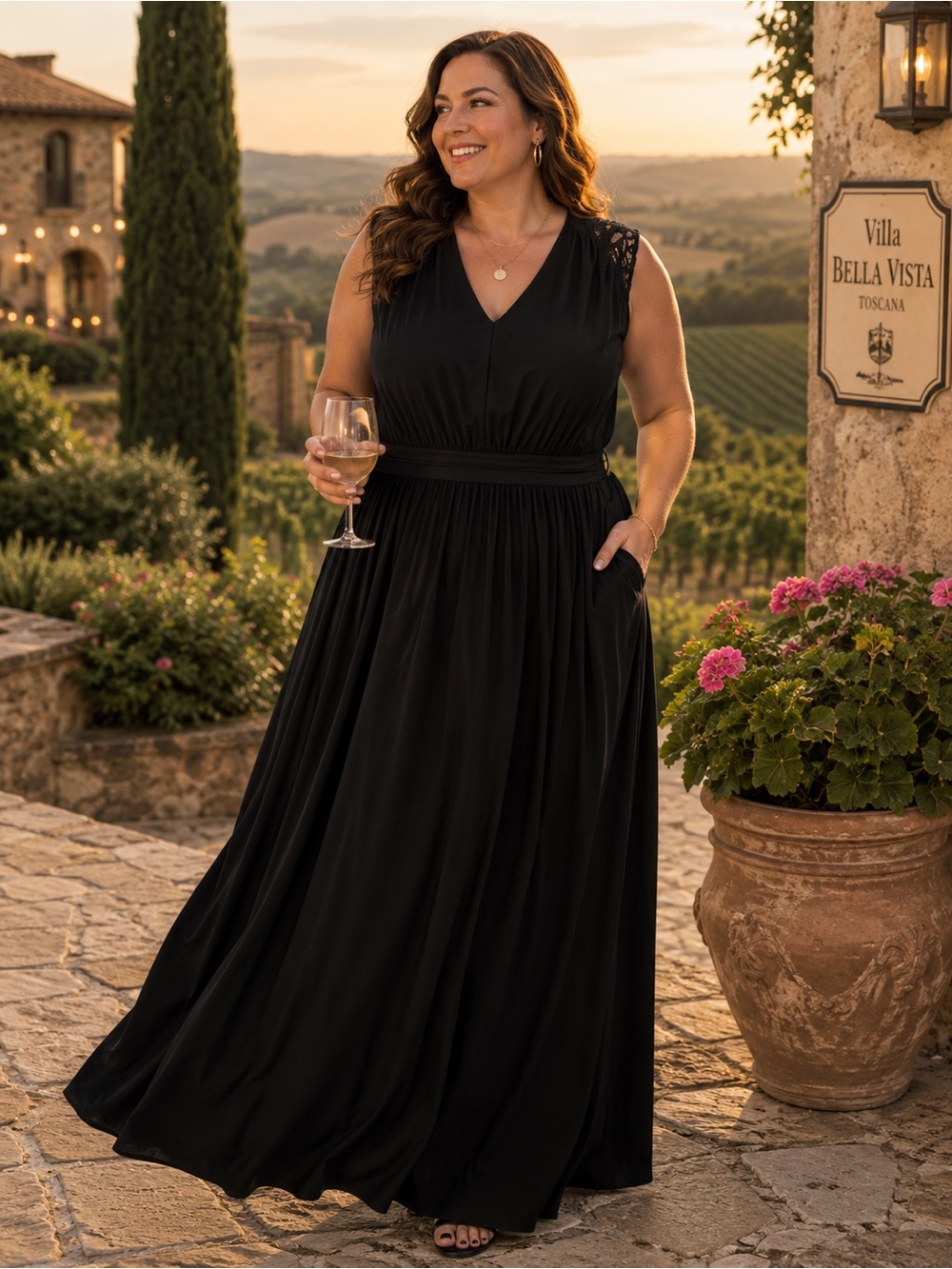 Lane Bryant Black Maxi Dress 26/28 Lace Shoulder Sleeveless Plus Size Formal